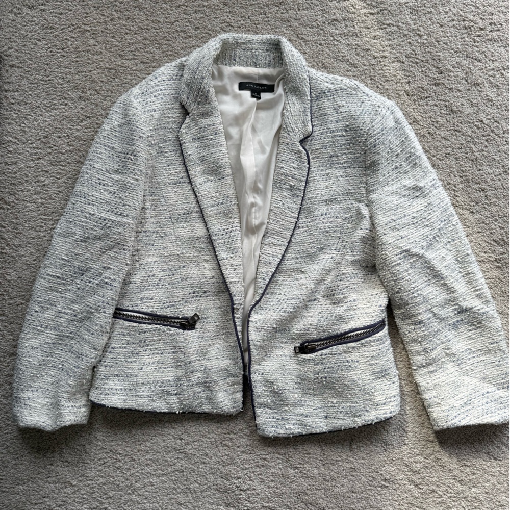 Ann Taylor Blue and White Tweed Blazer with Zipper Pockets